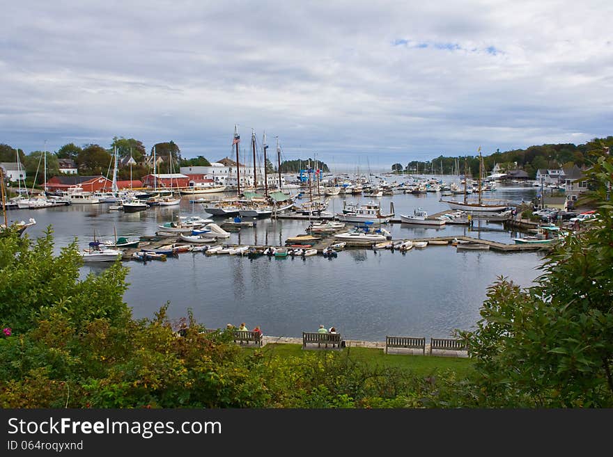 Fishing harbor in Maine, from the perspective of overlooking from higher elevation.