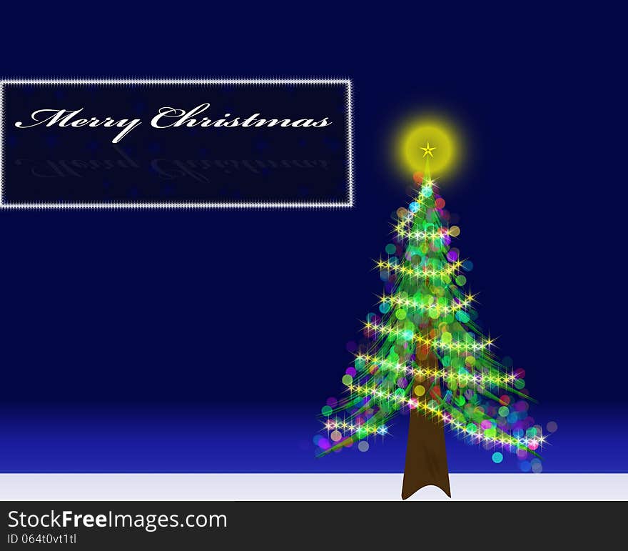 Christmas postcard with a decorated tree on blue gradient background. Christmas postcard with a decorated tree on blue gradient background