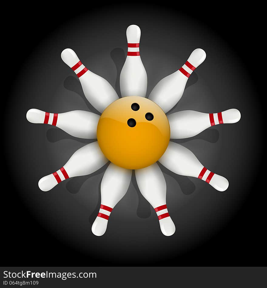 Bowling pins and ball with a flower