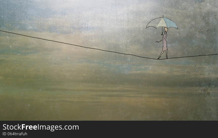 Woman with umbrella walking on a tightrope. Woman with umbrella walking on a tightrope