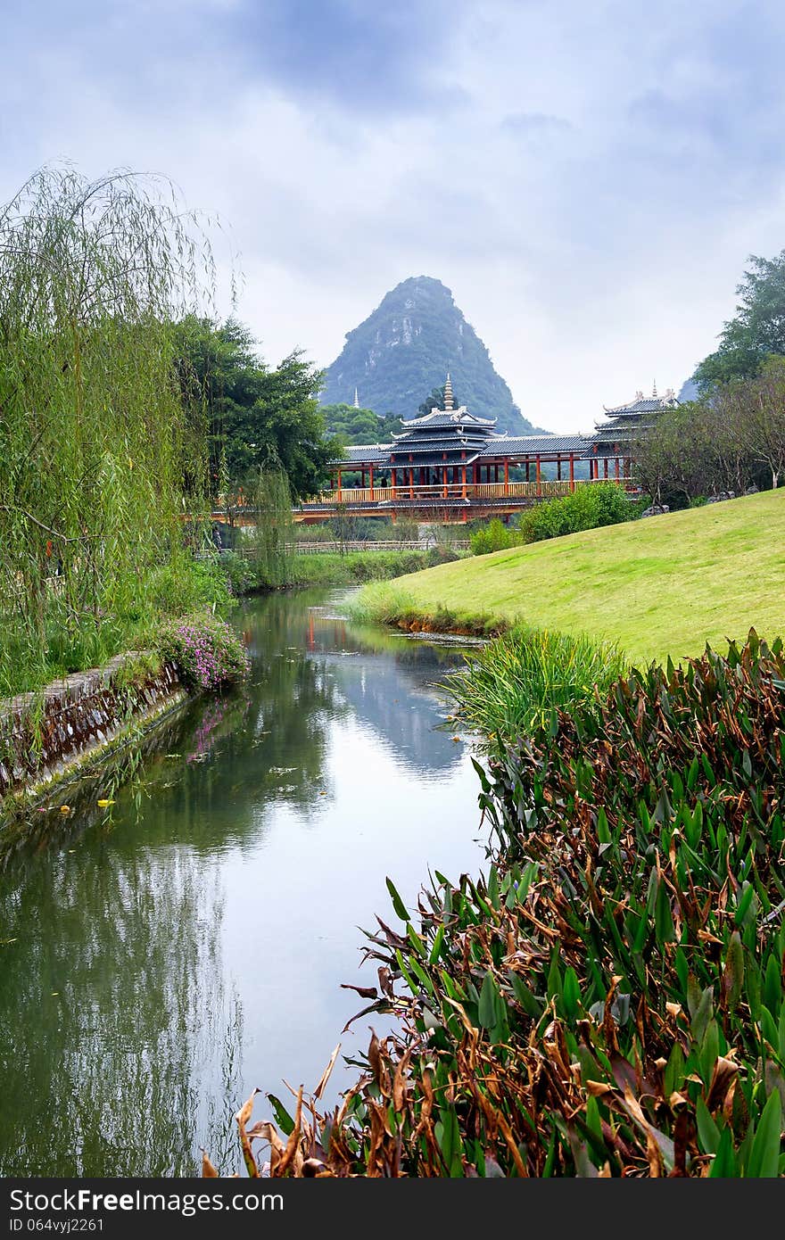 Chinese garden, Wind and Rain Bridge with a pond