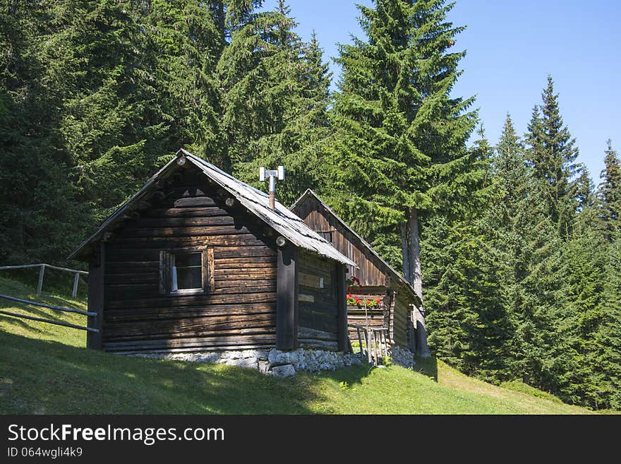 Wooden cottage in the middle of a green forest in plateau Pokljuka in Slovenia. A place to relax, breathe fresh air and enjoy peace surrounded by animals. Wooden cottage in the middle of a green forest in plateau Pokljuka in Slovenia. A place to relax, breathe fresh air and enjoy peace surrounded by animals.