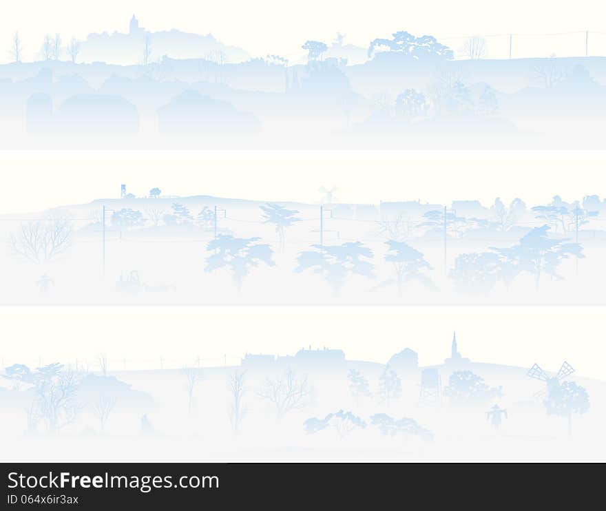 Horizontal banners of morning misty valley with lonely trees and buildings in pale blue tone. Horizontal banners of morning misty valley with lonely trees and buildings in pale blue tone.