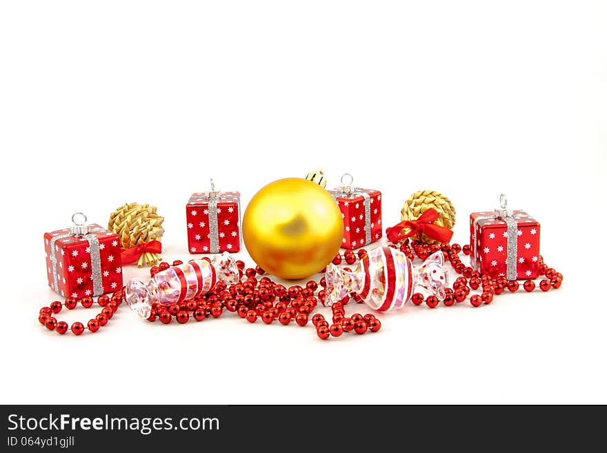 Red Christmas toys on a white background. Red Christmas toys on a white background