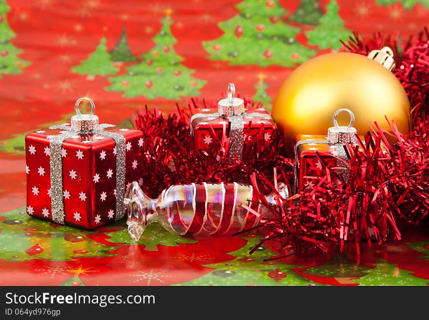 Red Christmas toys on a red background. Red Christmas toys on a red background