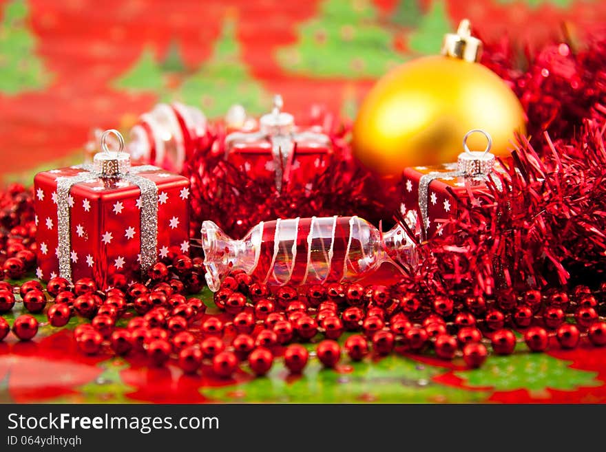 Red Christmas toys on a red background. Red Christmas toys on a red background