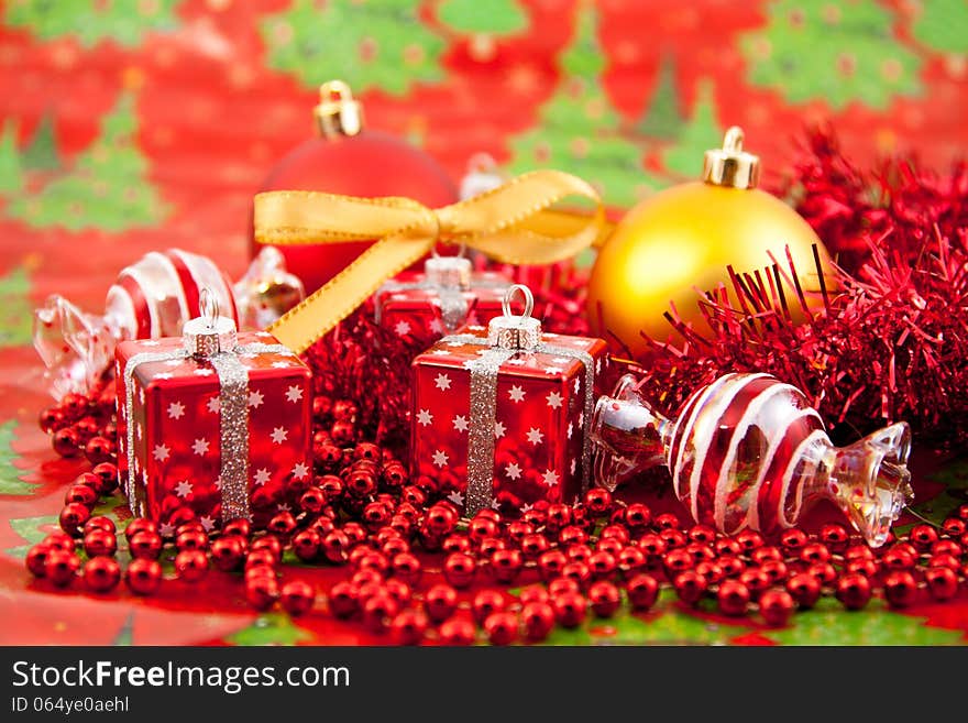 Red Christmas toys on a red background. Red Christmas toys on a red background