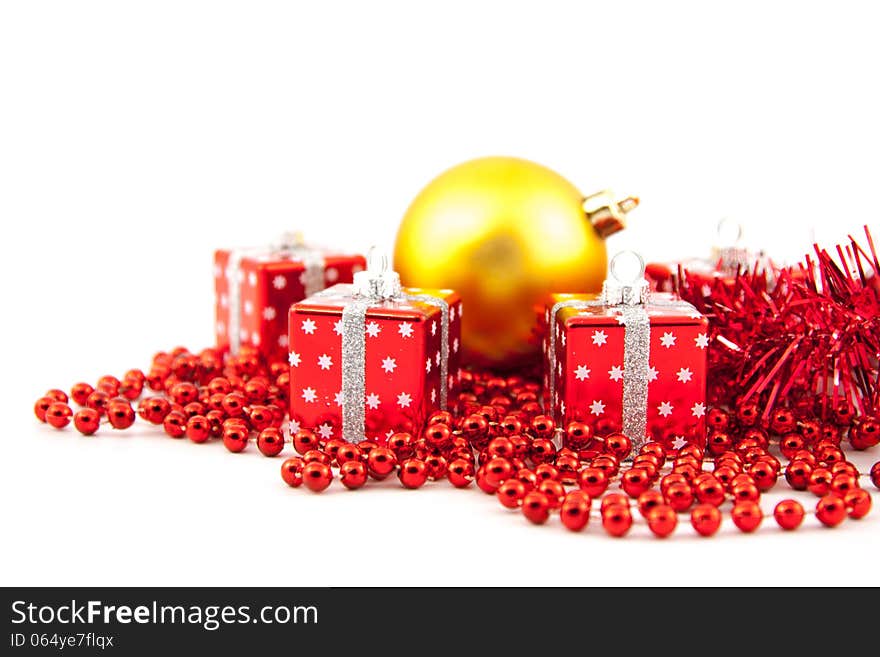 Red Christmas toys on a white background. Red Christmas toys on a white background