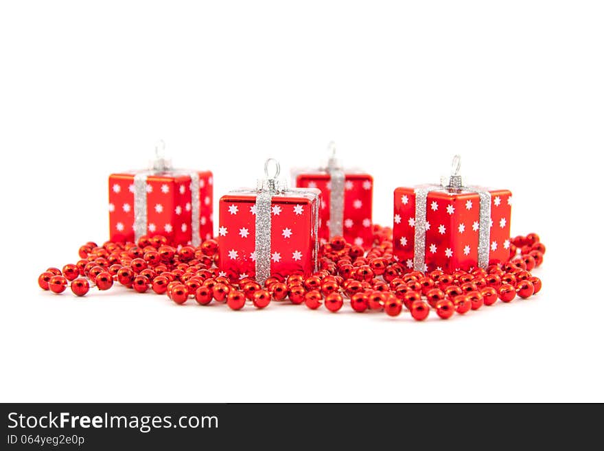 Red Christmas toys on a white background. Red Christmas toys on a white background