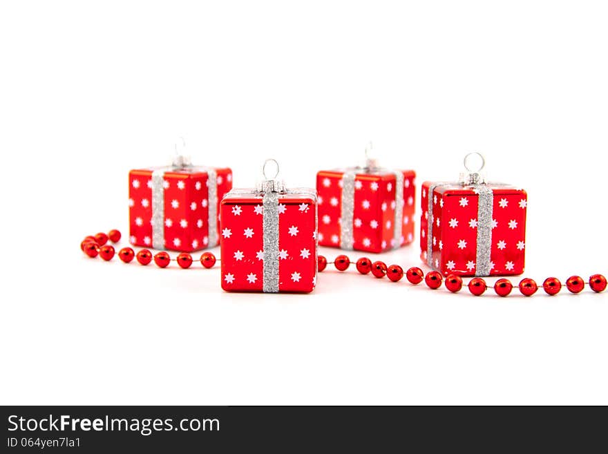 Red Christmas toys on a white background. Red Christmas toys on a white background