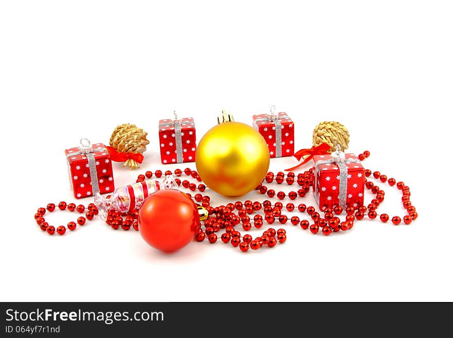 Red Christmas toys on a white background. Red Christmas toys on a white background