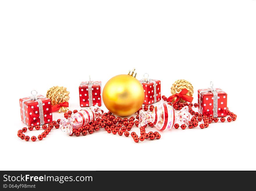 Red Christmas toys on a white background. Red Christmas toys on a white background