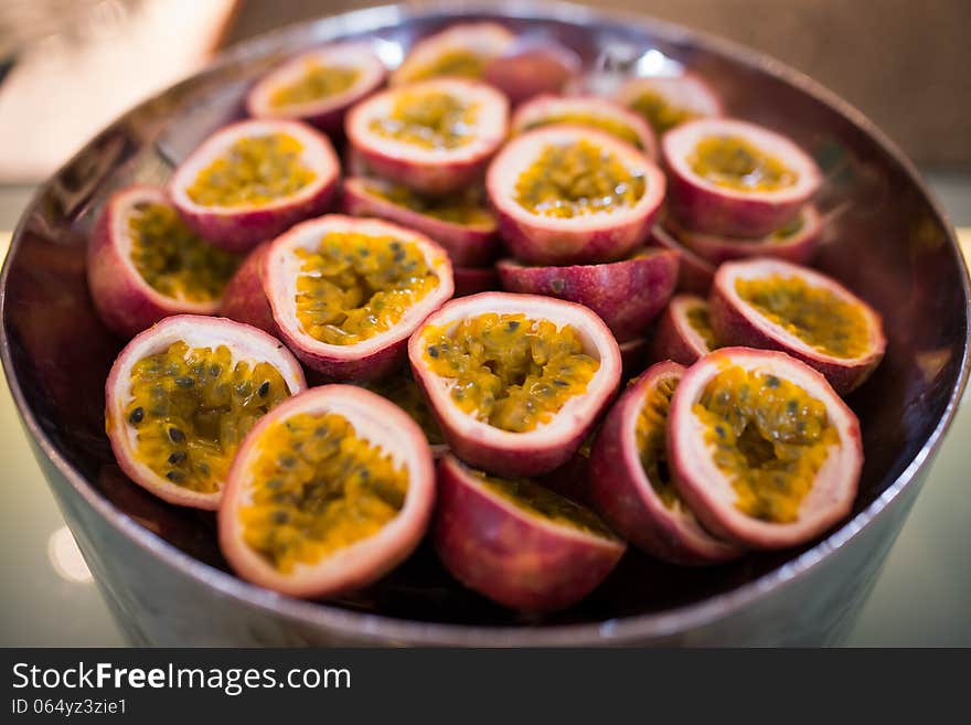 Pile of sliced ripe passion fruit