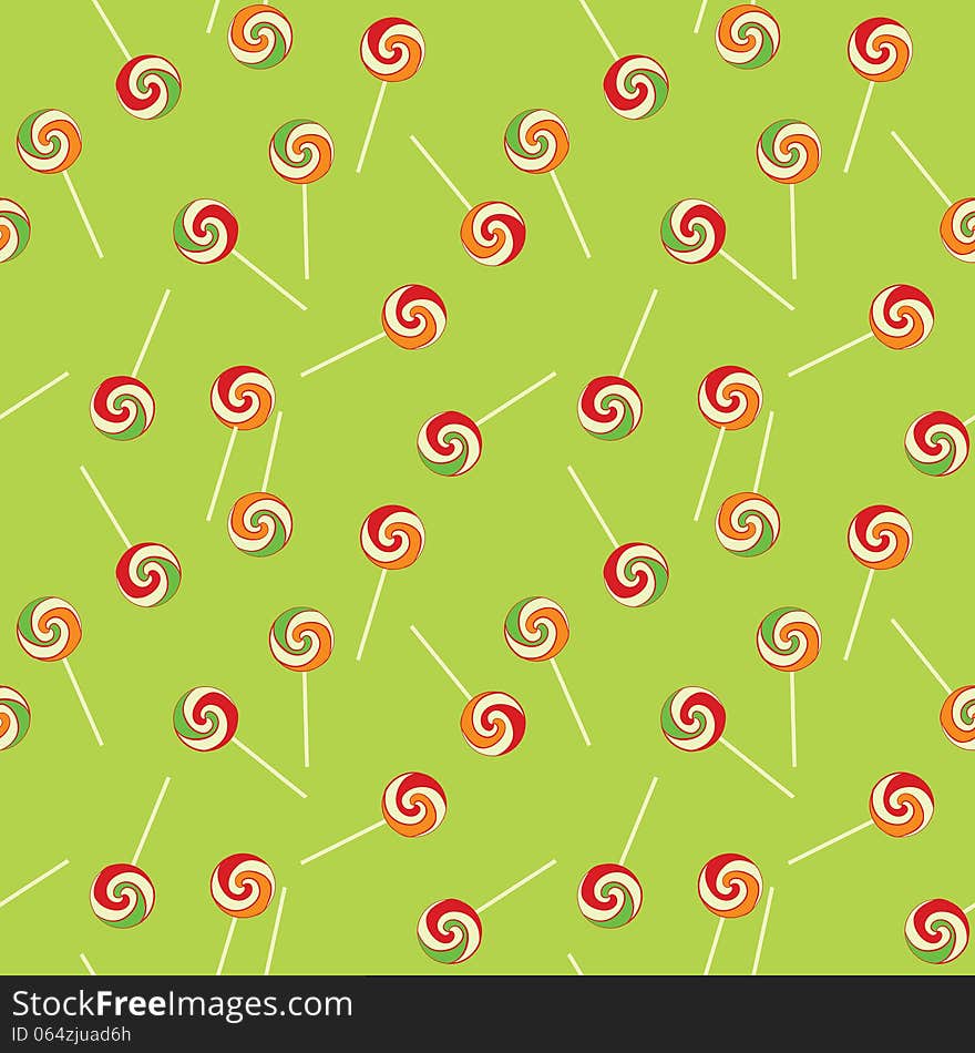 Colorful striped lollipops on green background seamless texture for children room wallpaper or wrapping. Colorful striped lollipops on green background seamless texture for children room wallpaper or wrapping