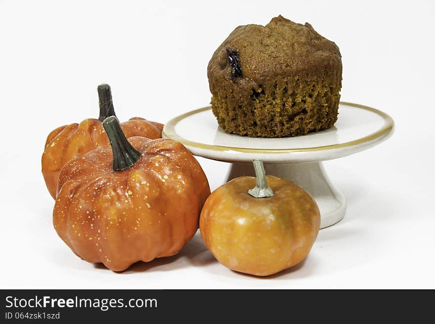 Pumpkin Muffin on Pedestal with Pumpkins