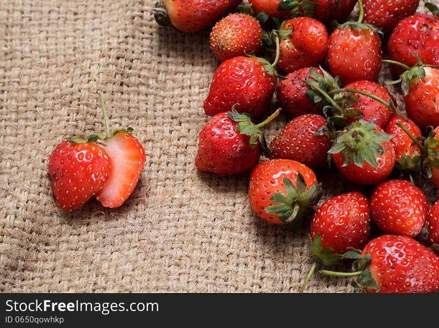 Strawberry on natural sack cloth