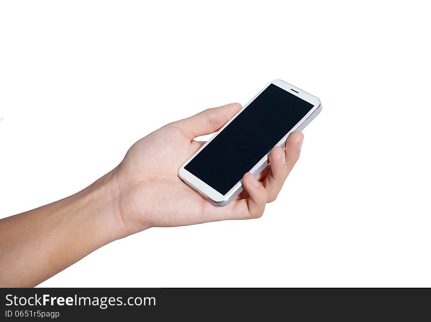 Man hand holding smart phone like , isolated on white background