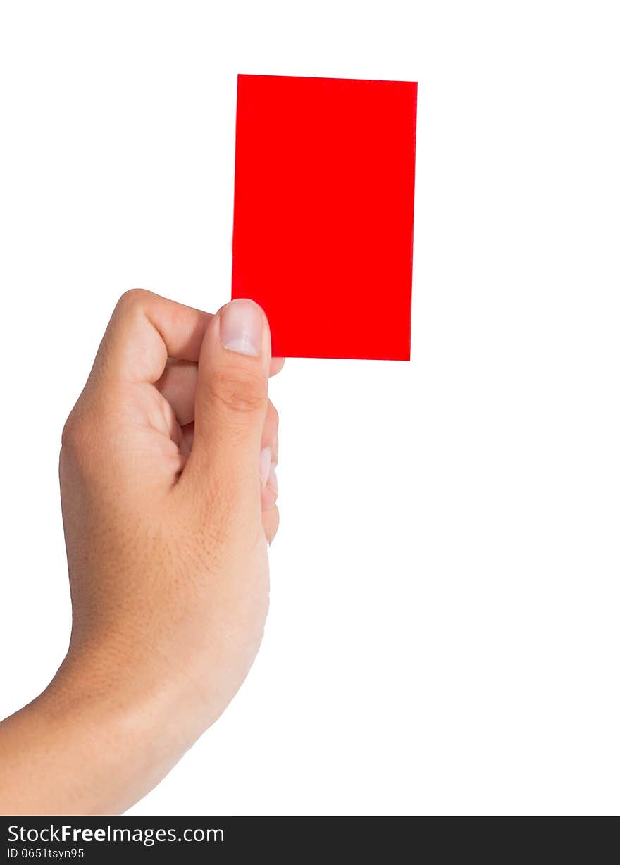 Hand holding a red card isolated on white background