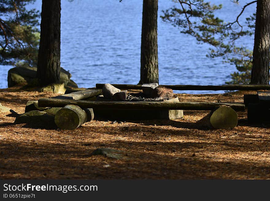 Background on the camp area with fireplace