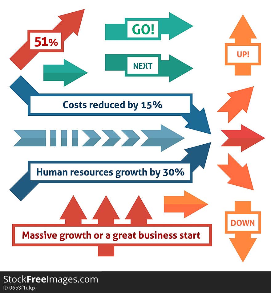 Flat arrow set with legends. Write a title and arrow direction will make an accent. Arrows for illustration of business dynamics.