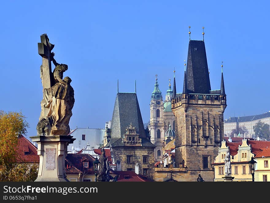 Views of the Gothic Prague near Charles Bridge, Czech Republic