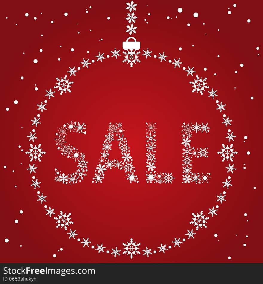 Christmas sale red design template into Christmas ball made of snowflakes. Christmas sale red design template into Christmas ball made of snowflakes.