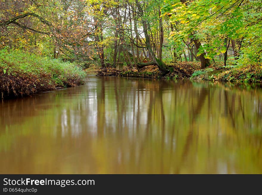 The photograph shows a small river flowing through the forest. It is autumn, the leaves are green, yellow and brown. The photograph shows a small river flowing through the forest. It is autumn, the leaves are green, yellow and brown.