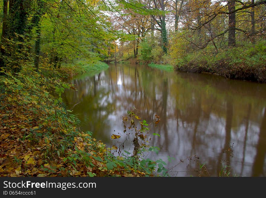 The photograph shows a small river flowing through the forest. It is autumn, the leaves are green, yellow and brown. The photograph shows a small river flowing through the forest. It is autumn, the leaves are green, yellow and brown.