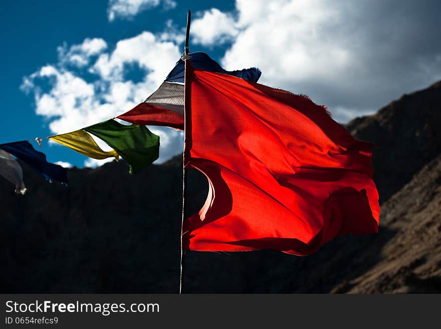 Buddhist Praying Flags Flapping In The Wind. India