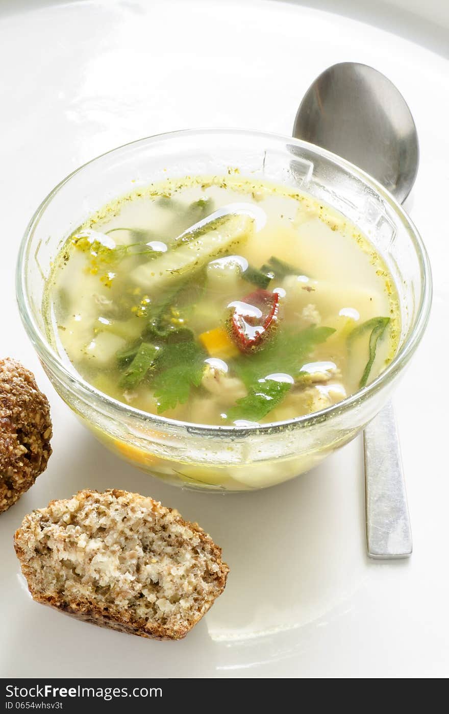 Vegetable soup in a glass bowl