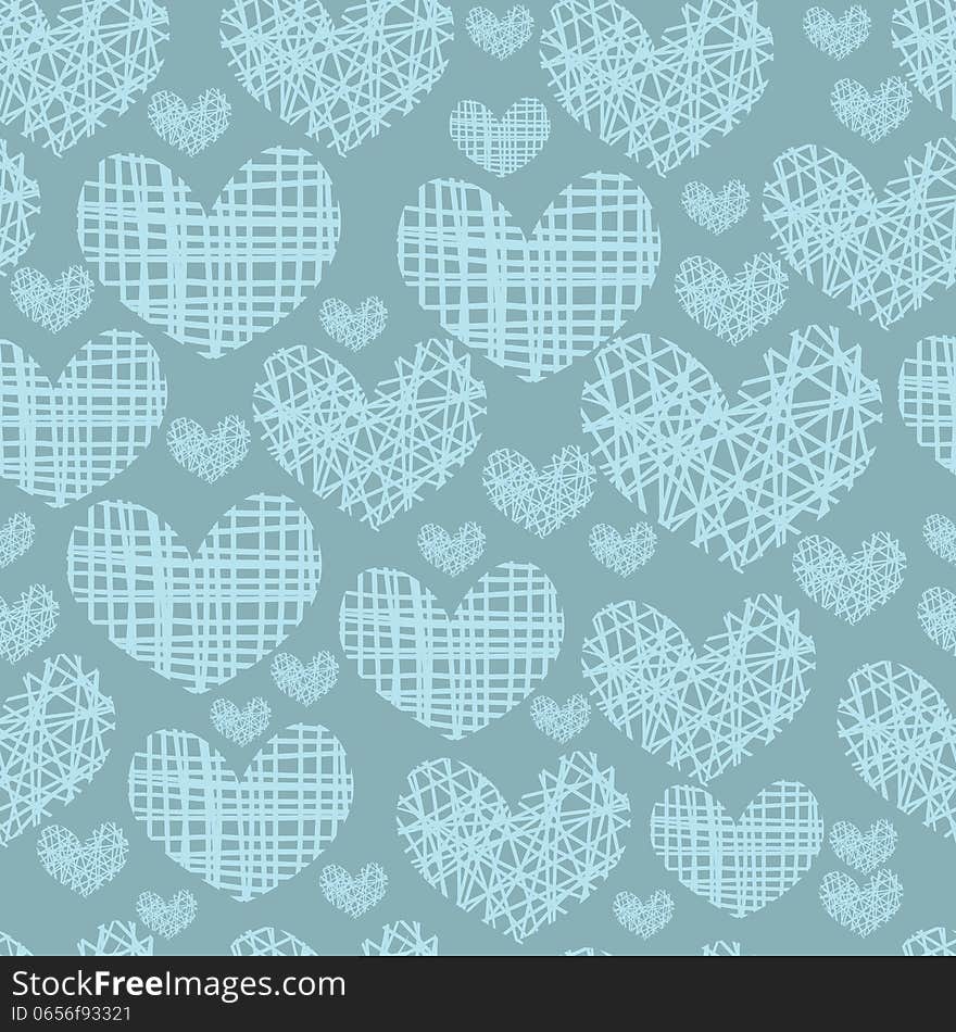 Seamless pattern with embroidery of hearts on a blue background.