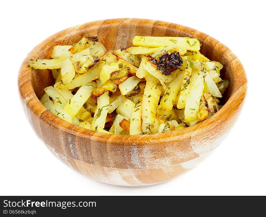 Slices of Homemade Roasted Potato with Herbs and Spices in Wooden Bowl isolated on white background