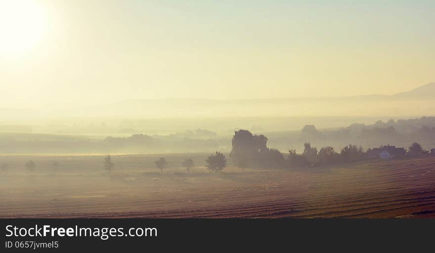 Beautiful autumn morning in the village