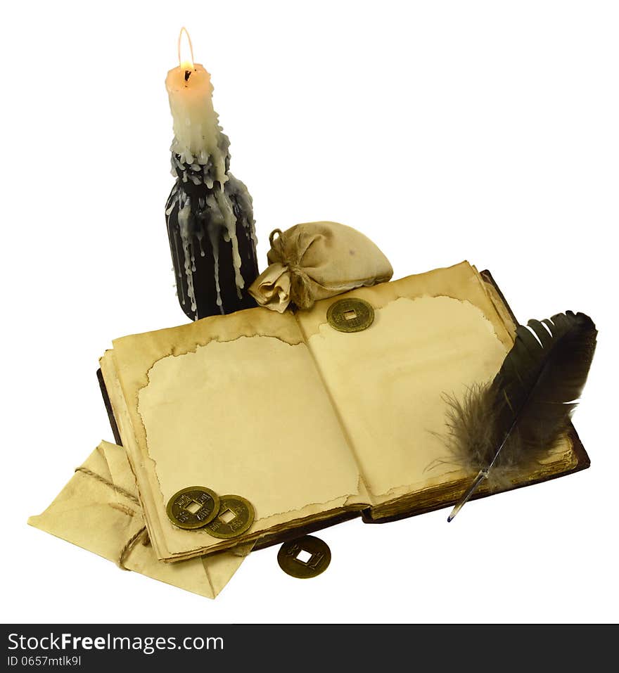 Pirate book with open pages and burning candle in black bottle isolated. Pirate book with open pages and burning candle in black bottle isolated