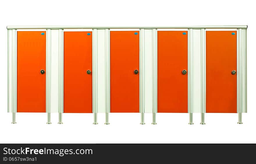 Orange restroom stall doors in the gyms room isolated on white background