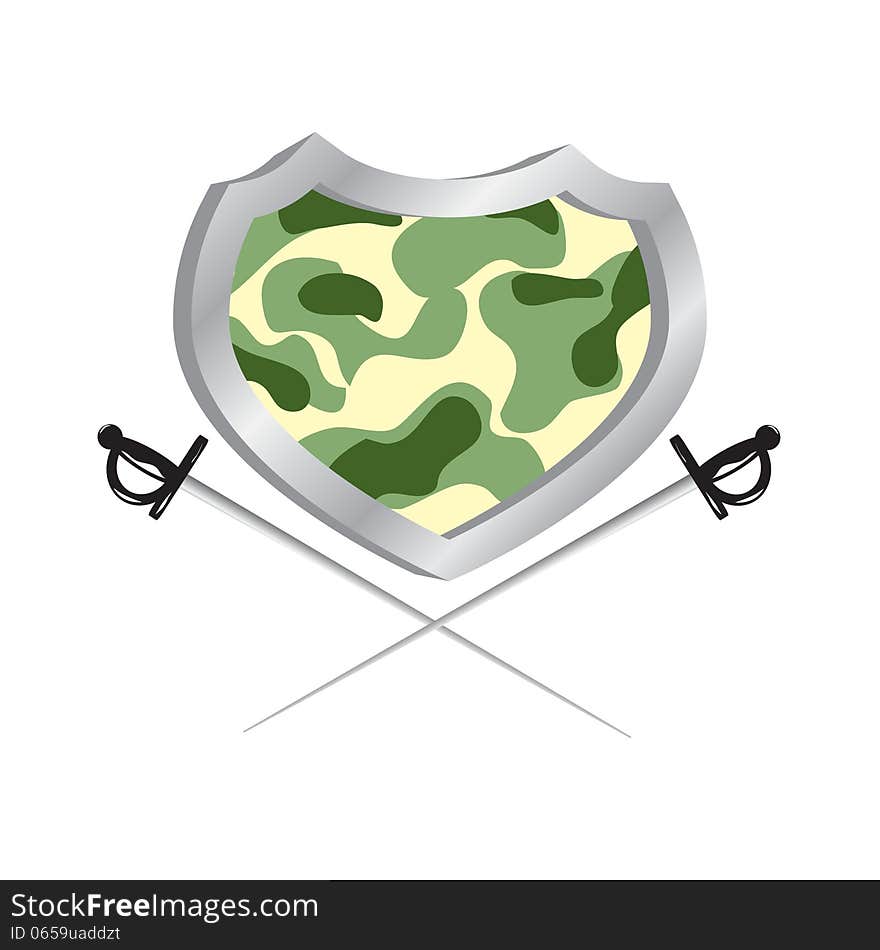 Logo. Shield with camouflage and two swords