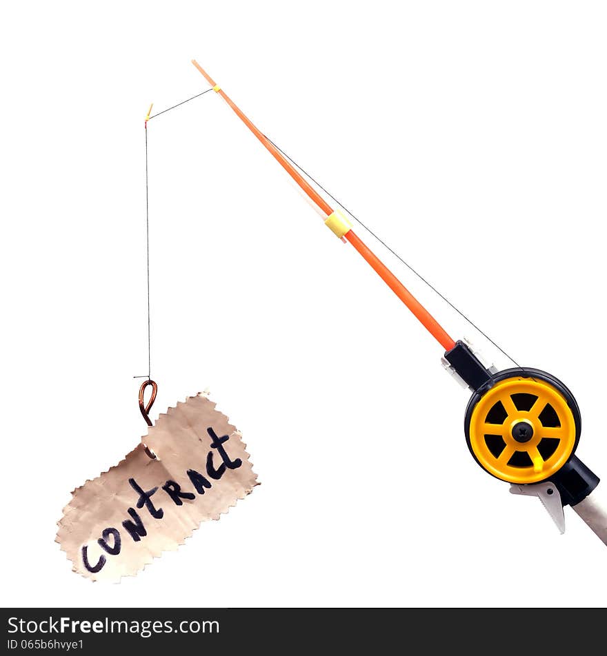 Fishing rod with a hook on wearing the piece of paper with the word contract
