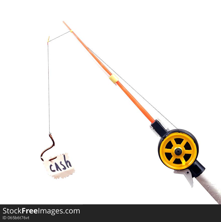 Fishing rod with a hook on wearing the piece of paper with the word cash