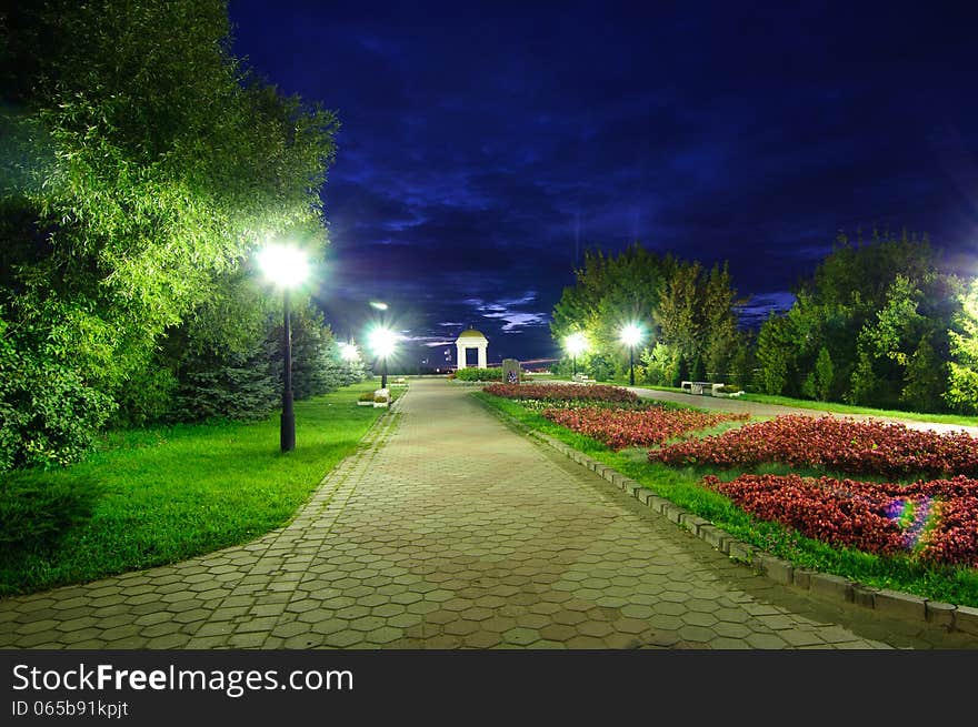 Red Night is dark, desert listens to God and the star with star. Alley Dubna night. Red Night is dark, desert listens to God and the star with star. Alley Dubna night.