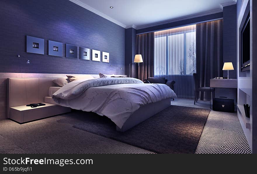 The modern interior of the guest rooms, evening interior, 3d render. The modern interior of the guest rooms, evening interior, 3d render