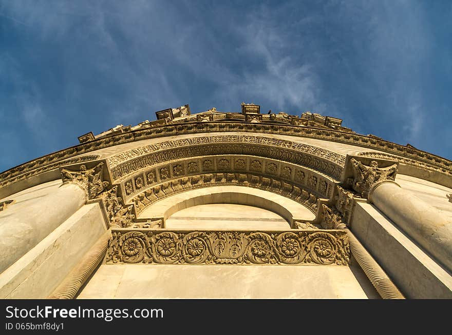 Battistero di San Giovanni in Pisa, view from below, against a blue sky, visible modeling handmade