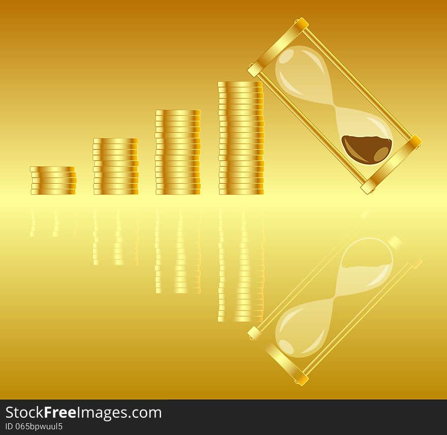 Vector picture of gold coins and hourglass. Vector picture of gold coins and hourglass.