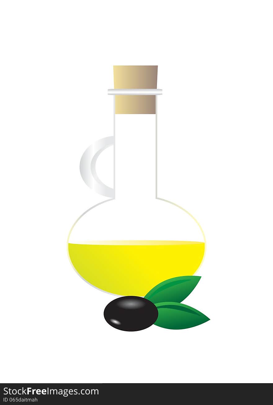 Olives. A bottle of olive oil