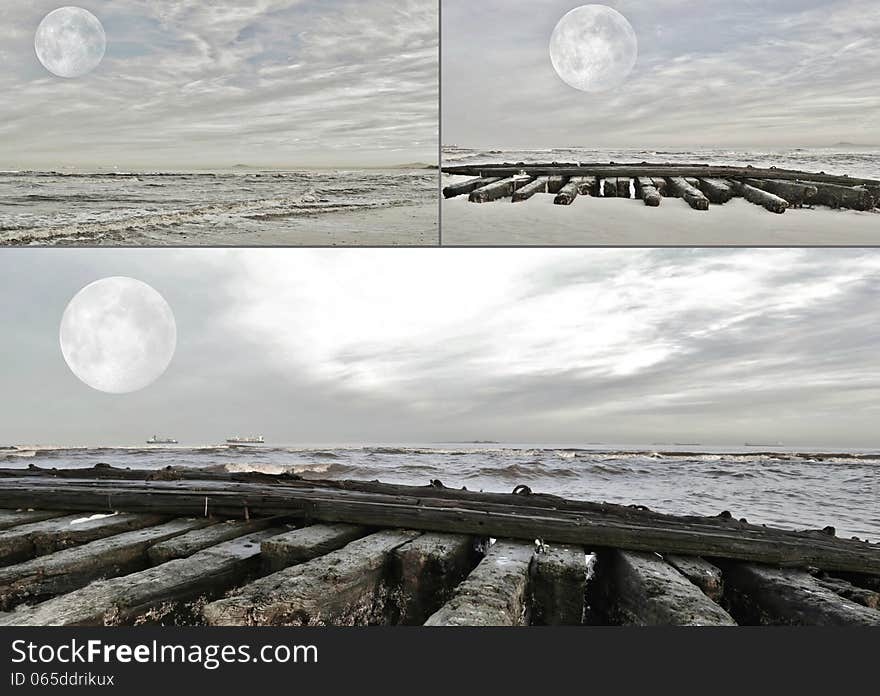 Seascape collage with full moon over Atlantic ocean. Seascape collage with full moon over Atlantic ocean