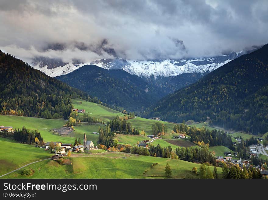 Beautiful St. Magdalena village in a gorgeous valley located in Italian Alps.