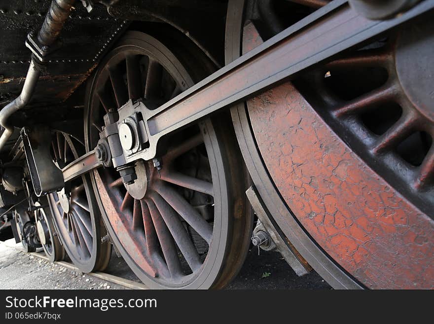 Detail of the wheels of the old steam locomotive. Detail of the wheels of the old steam locomotive