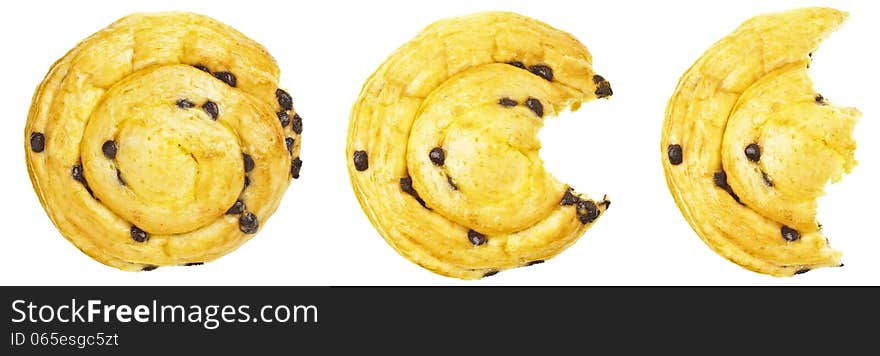 Step of eatting danish pastry bread on white background. Step of eatting danish pastry bread on white background