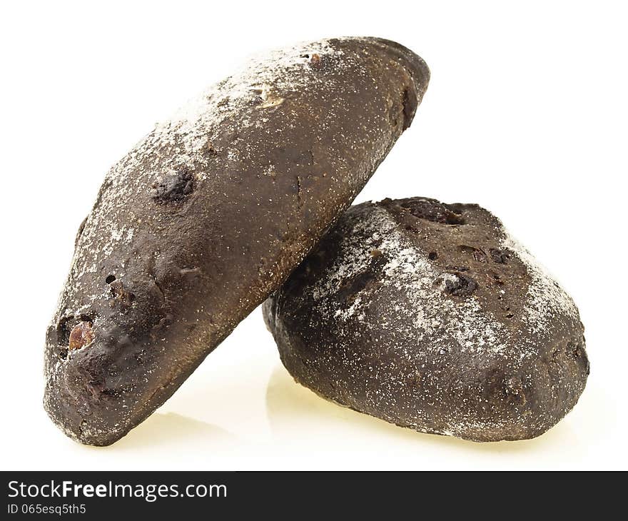 Pile of two banana loves choco soft bread on white background. Pile of two banana loves choco soft bread on white background