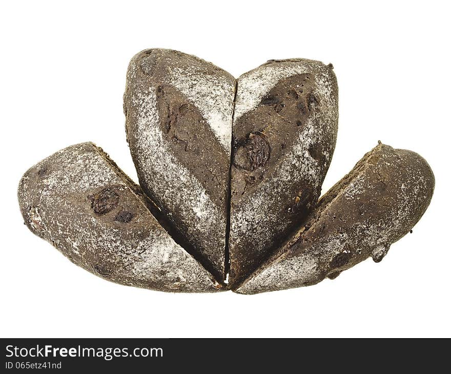 Mix of cutting banana loves choco soft bread in flower shape on white background. Mix of cutting banana loves choco soft bread in flower shape on white background