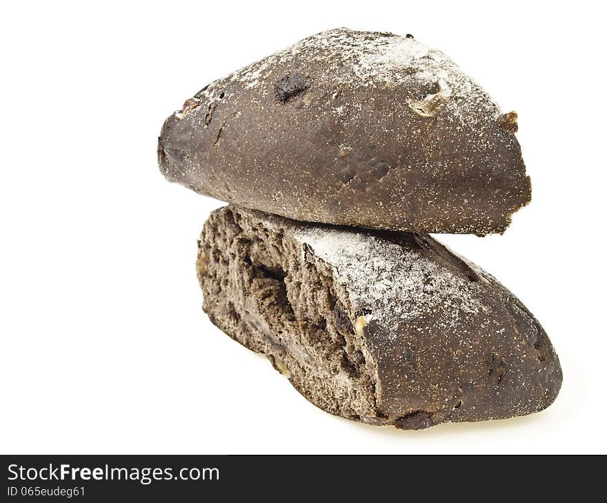 Stack of cutting banana loves choco soft bread on white background. Stack of cutting banana loves choco soft bread on white background